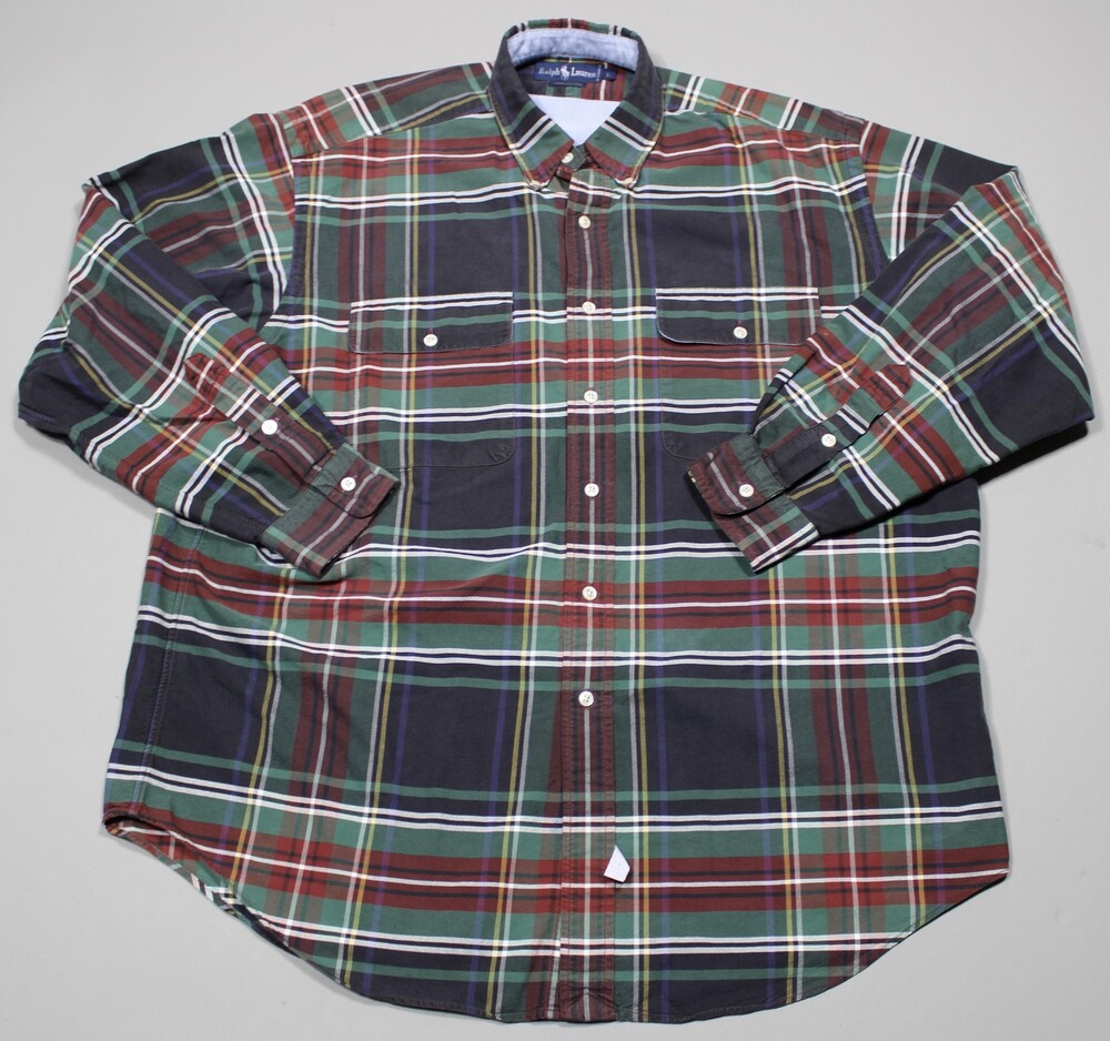 Polo Ralph Lauren Long Sleeve Button Shirt Mens L Plaid Double Pocket